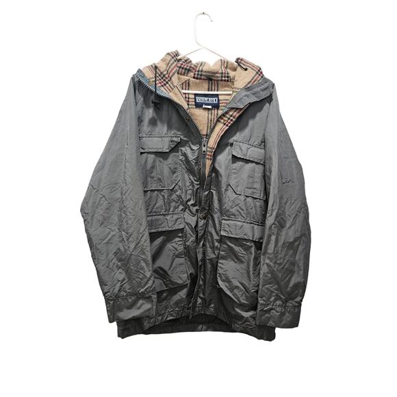 Vintage Lands End Gray Jacket Mens L Wool Lined Hooded Chore Rain Coat Pockets - Picture 1 of 6